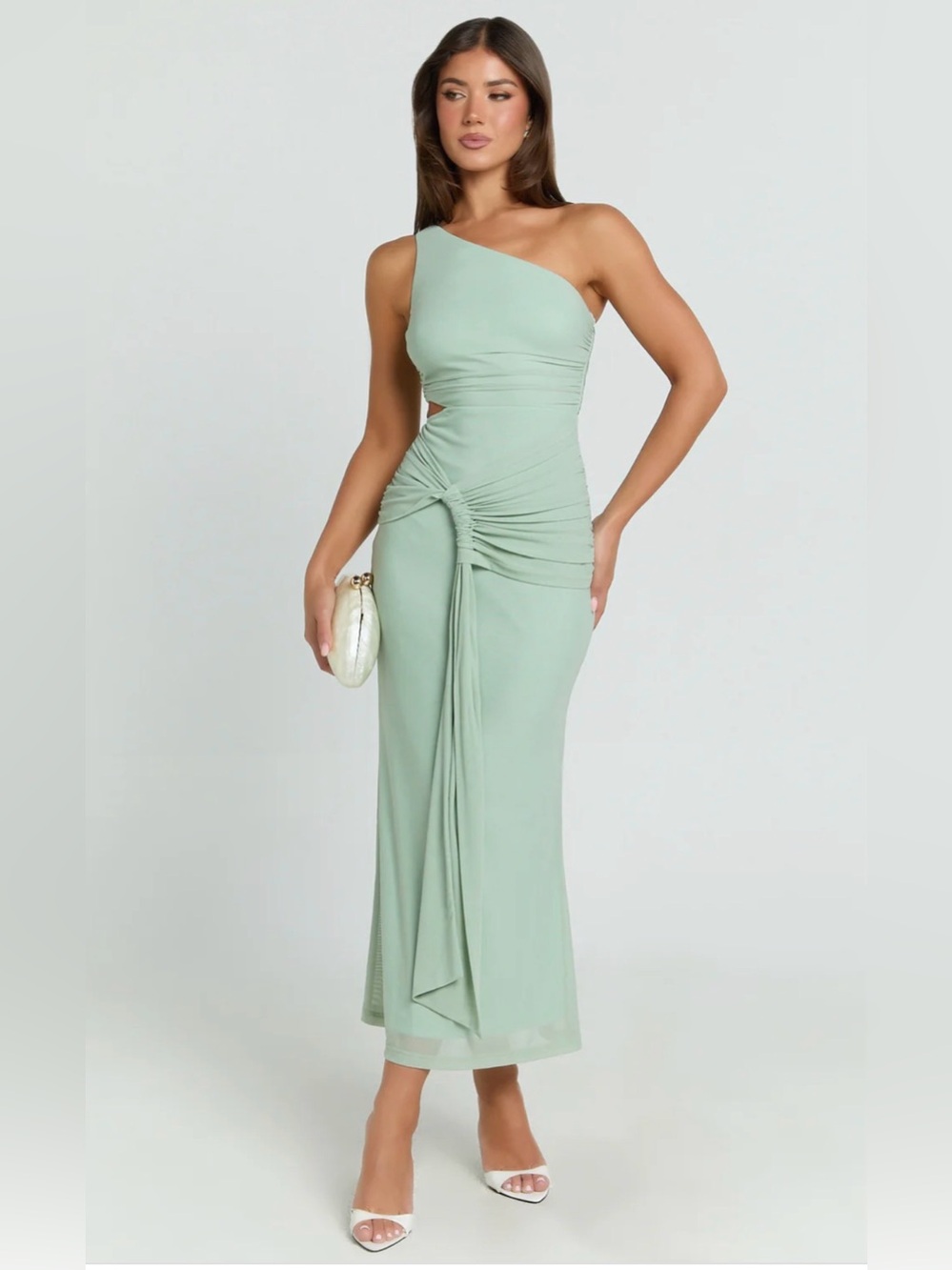 NWT MANDY One-Shoulder Cut Out Sage Green Ruched Mesh Midi Dress Small